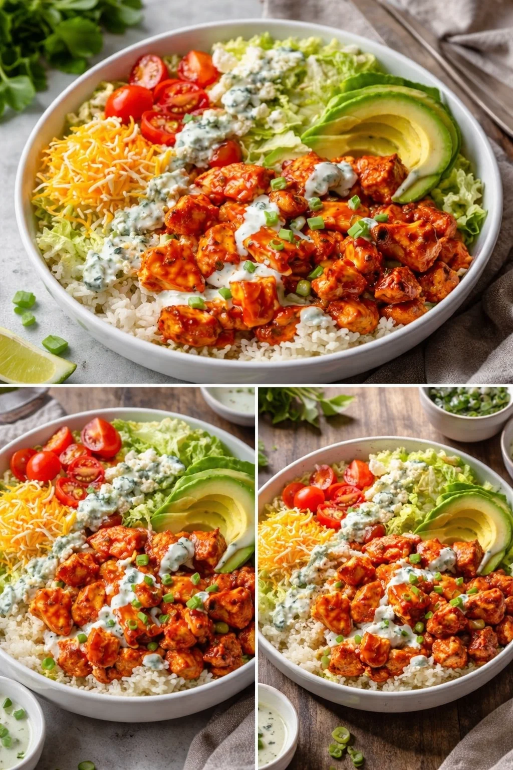 Delicious Buffalo Chicken Bowls with toppings and fresh ingredients