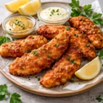 Crispy buttermilk chicken tenders served with dipping sauce