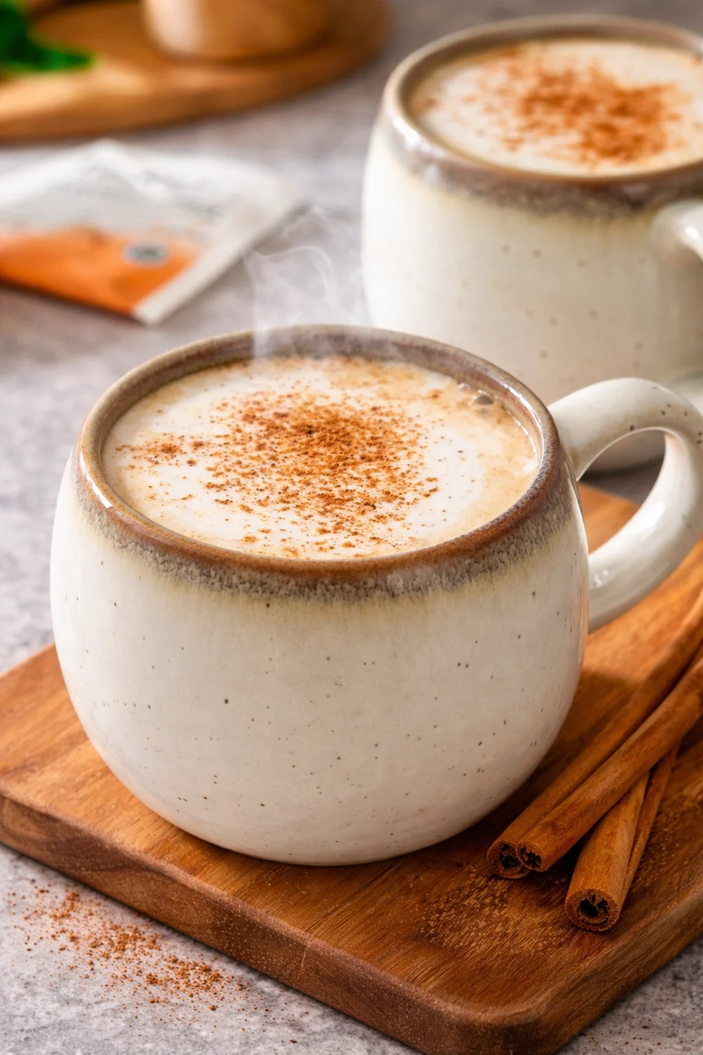Delicious homemade chai tea latte with spices and milk in a cozy mug