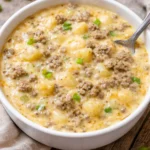 Bowl of cheesy Hamburger Potato Soup garnished with herbs and cheese.