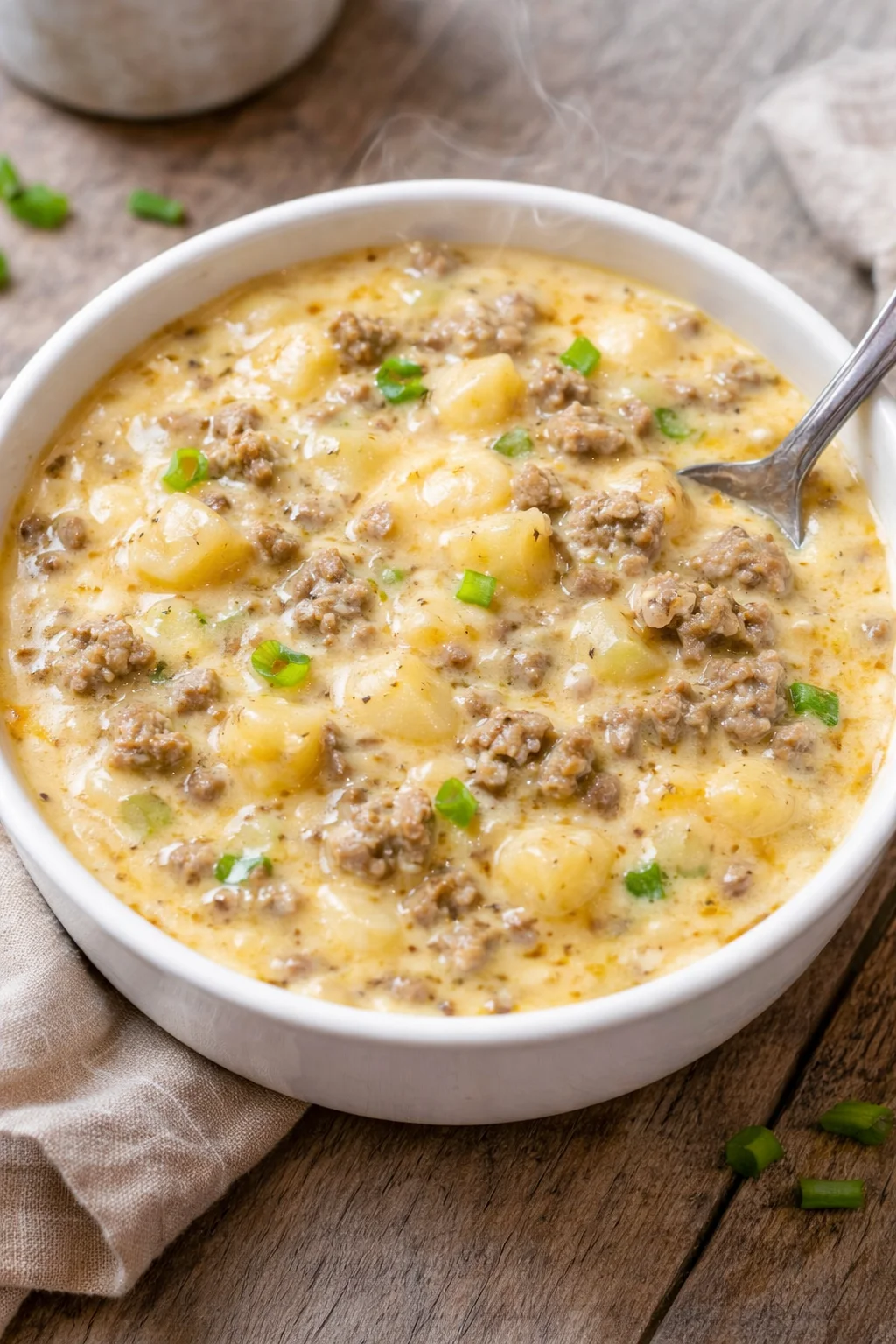 Bowl of cheesy Hamburger Potato Soup garnished with herbs and cheese.