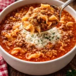 Bowl of Cheesy Turkey Lasagna Soup garnished with herbs and cheese