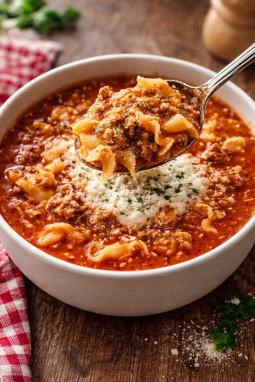 Bowl of Cheesy Turkey Lasagna Soup garnished with herbs and cheese