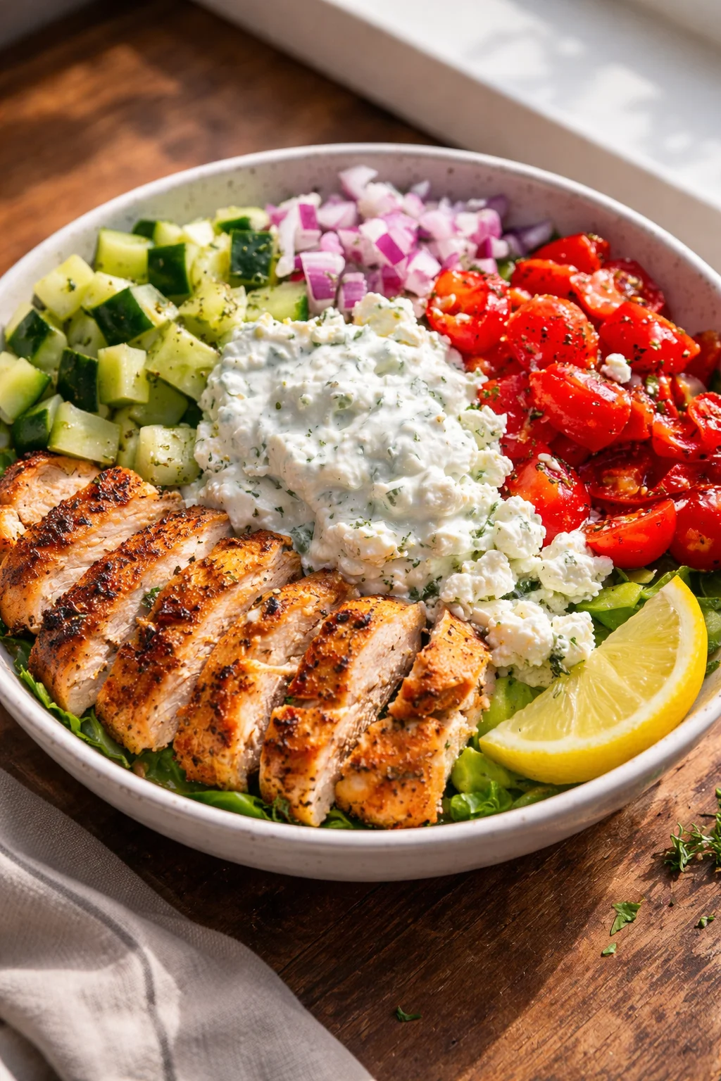 Delicious Chicken and Tzatziki Bowls topped with fresh vegetables and herbs.