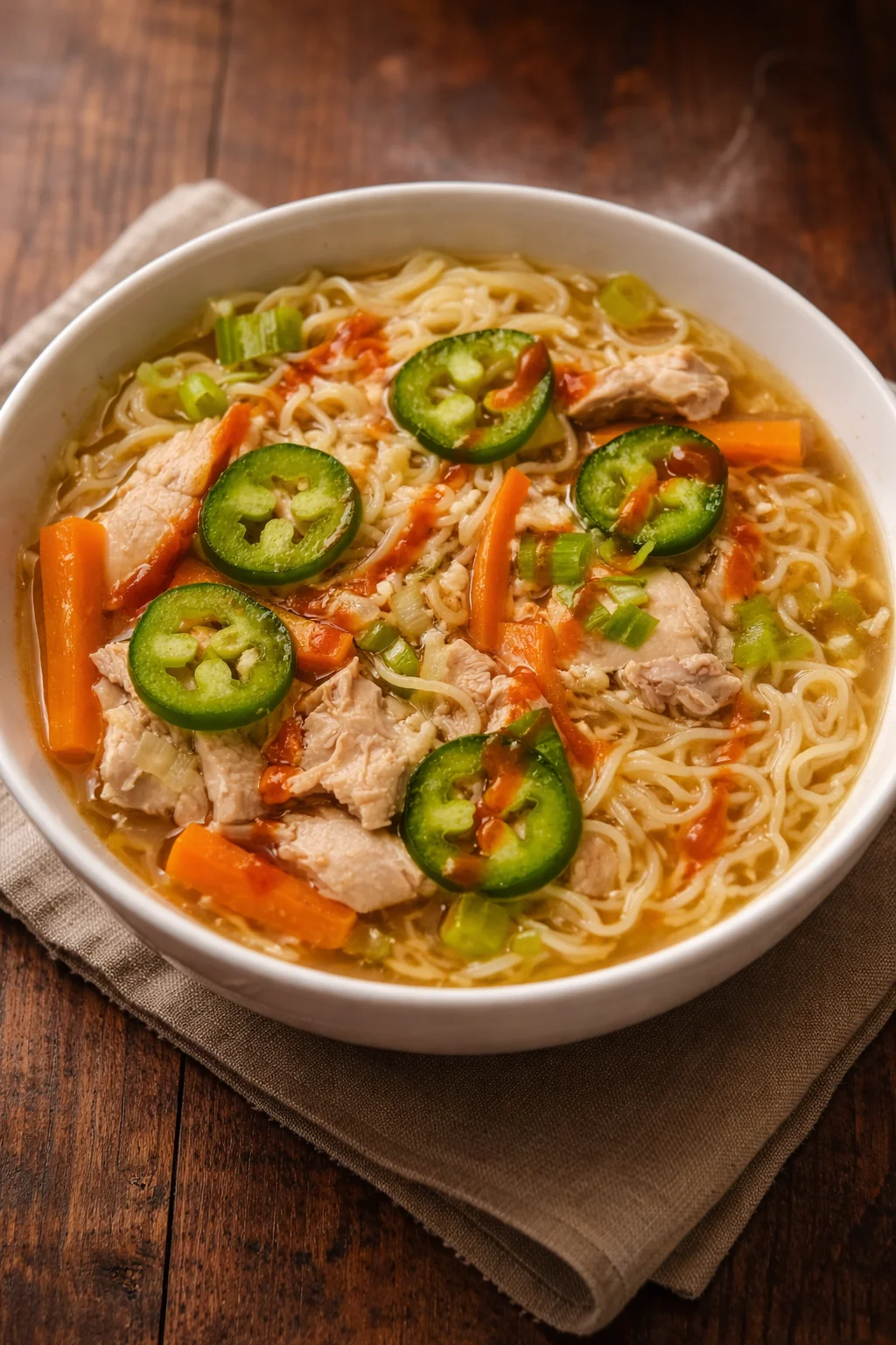 Bowl of Chicken Ramen Soup with fresh ingredients and noodles