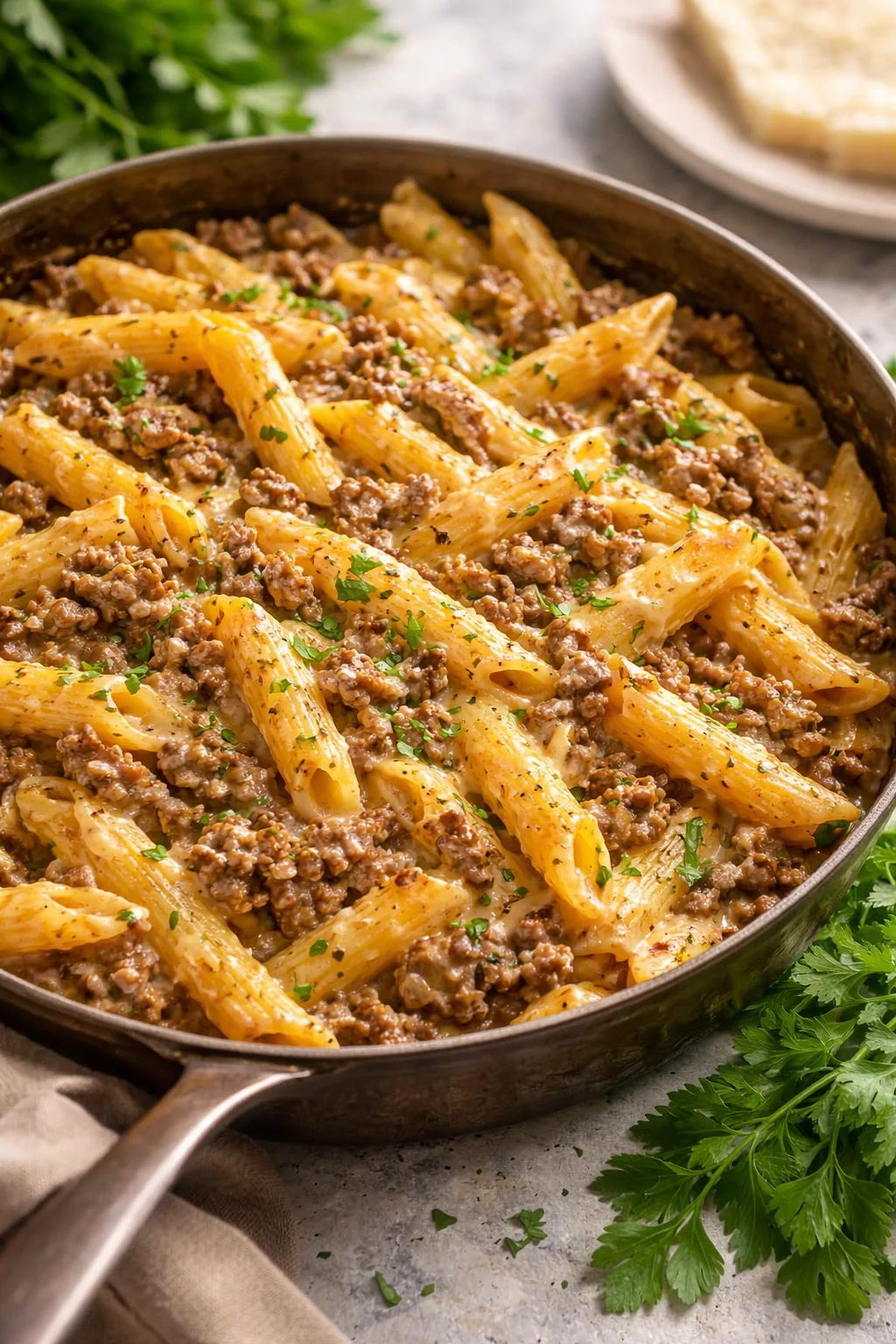 Classic cheesy ground beef pasta served in a bowl with cheese and herbs