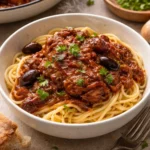 Classic chicken cacciatore served with vegetables and herbs on a plate