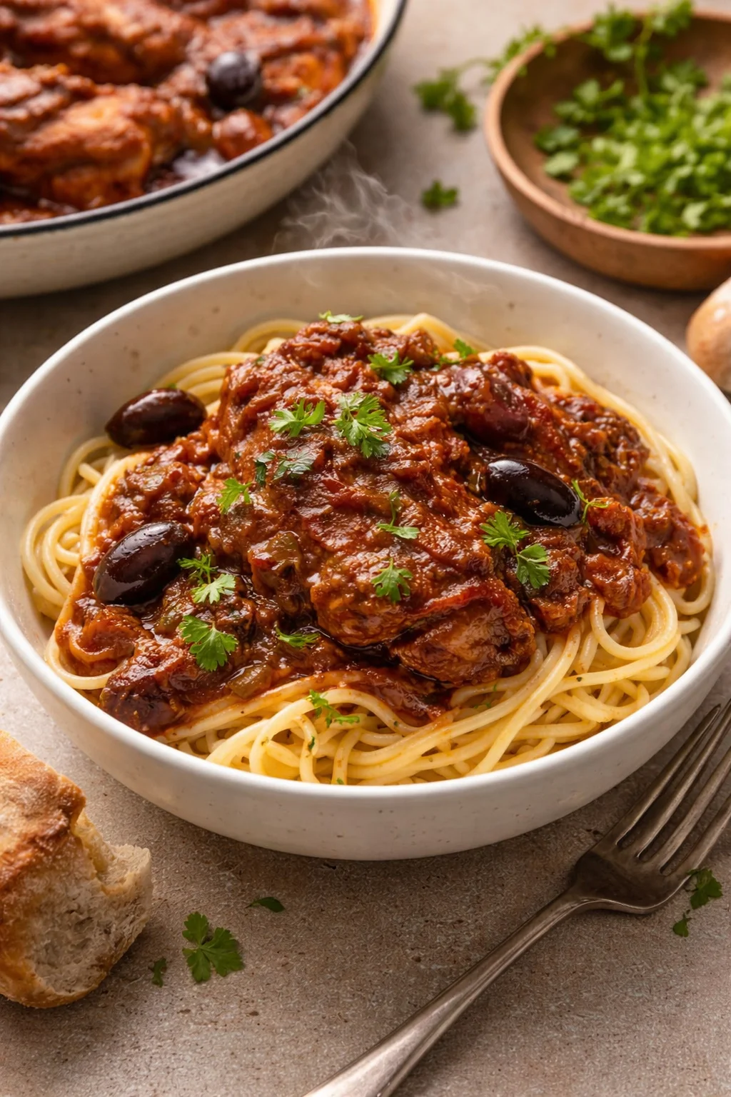 Classic chicken cacciatore served with vegetables and herbs on a plate