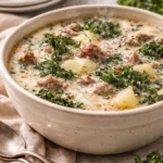 Bowl of cozy crockpot sausage, kale, and potato soup garnished with herbs