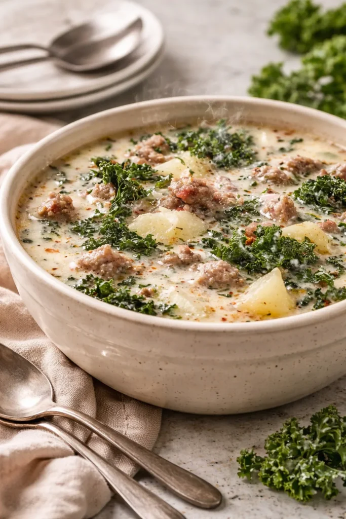 Bowl of cozy crockpot sausage, kale, and potato soup garnished with herbs