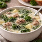 Cozy crockpot sausage, kale, and potato soup in a bowl