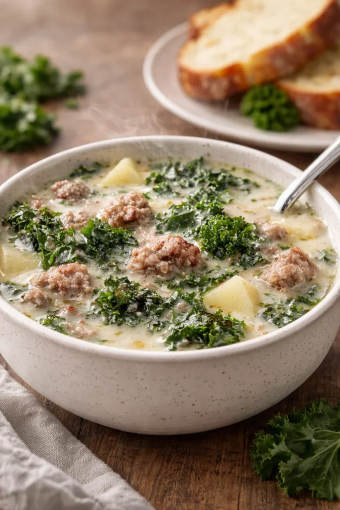 Cozy crockpot sausage, kale, and potato soup in a bowl