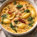 Creamy chicken and spinach pasta soup in a bowl garnished with herbs