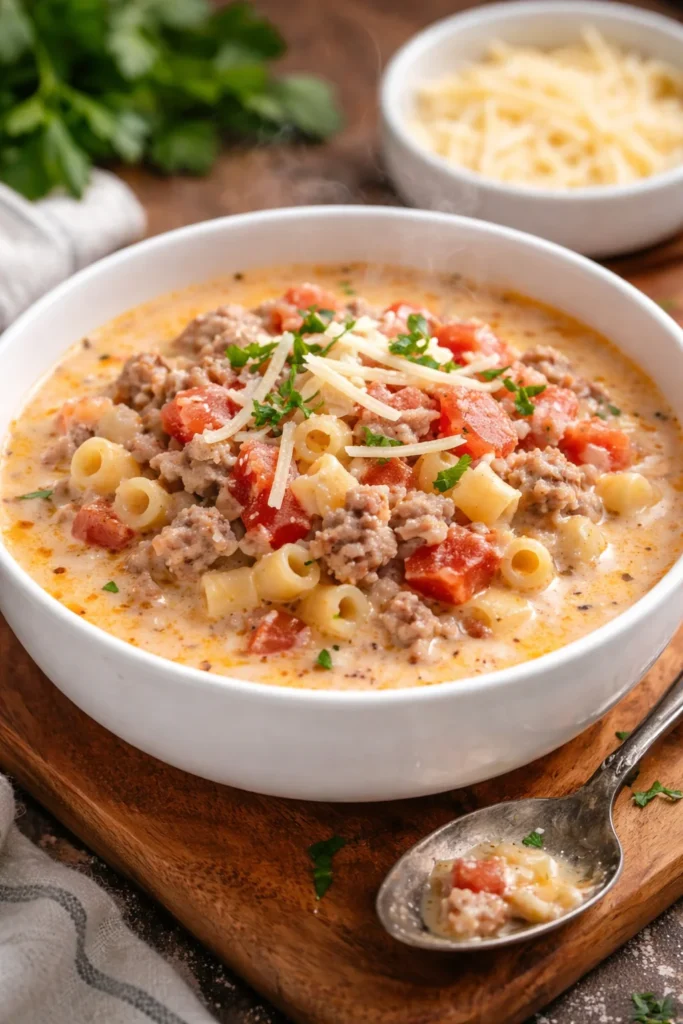 Bowl of creamy Parmesan sausage soup garnished with herbs.