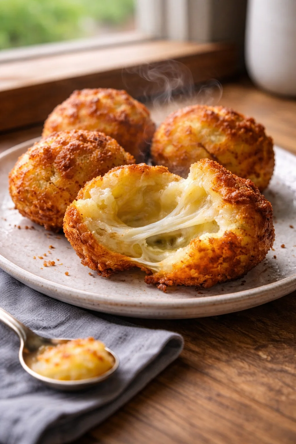 Crispy mashed potato cheese puffs served on a plate, golden brown and appetizing.