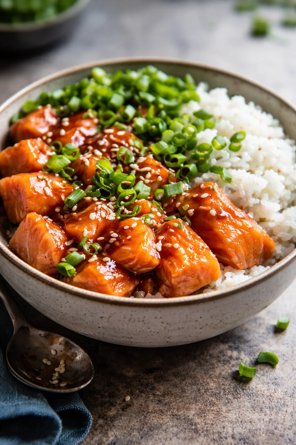 Crispy salmon rice bowl with vegetables and sauce, garnished for added flavor