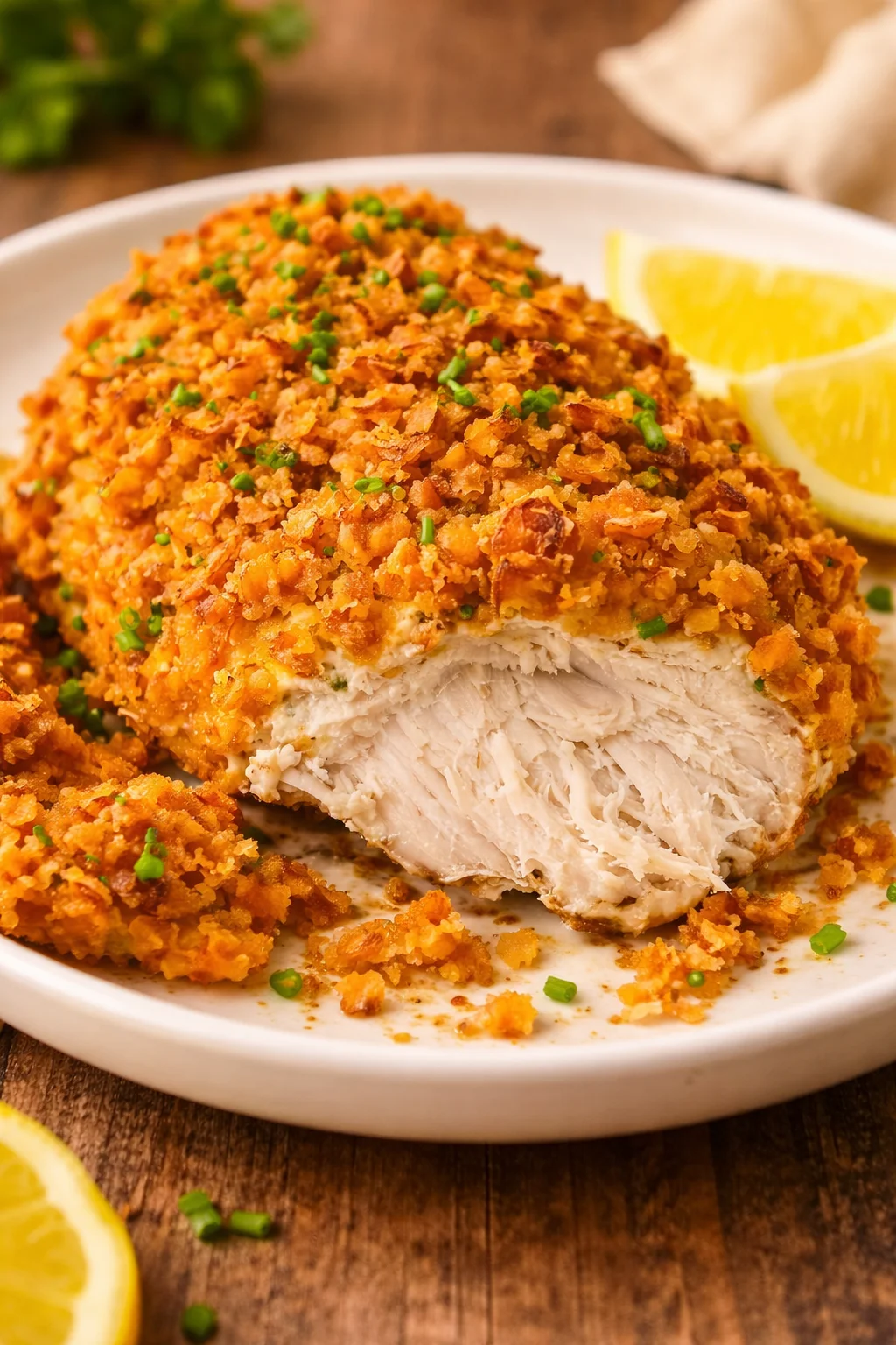 Crispy sour cream and onion chicken served on a plate with herbs