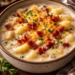 Bowl of Crock Pot Crack Potato Soup topped with crispy bacon and chives