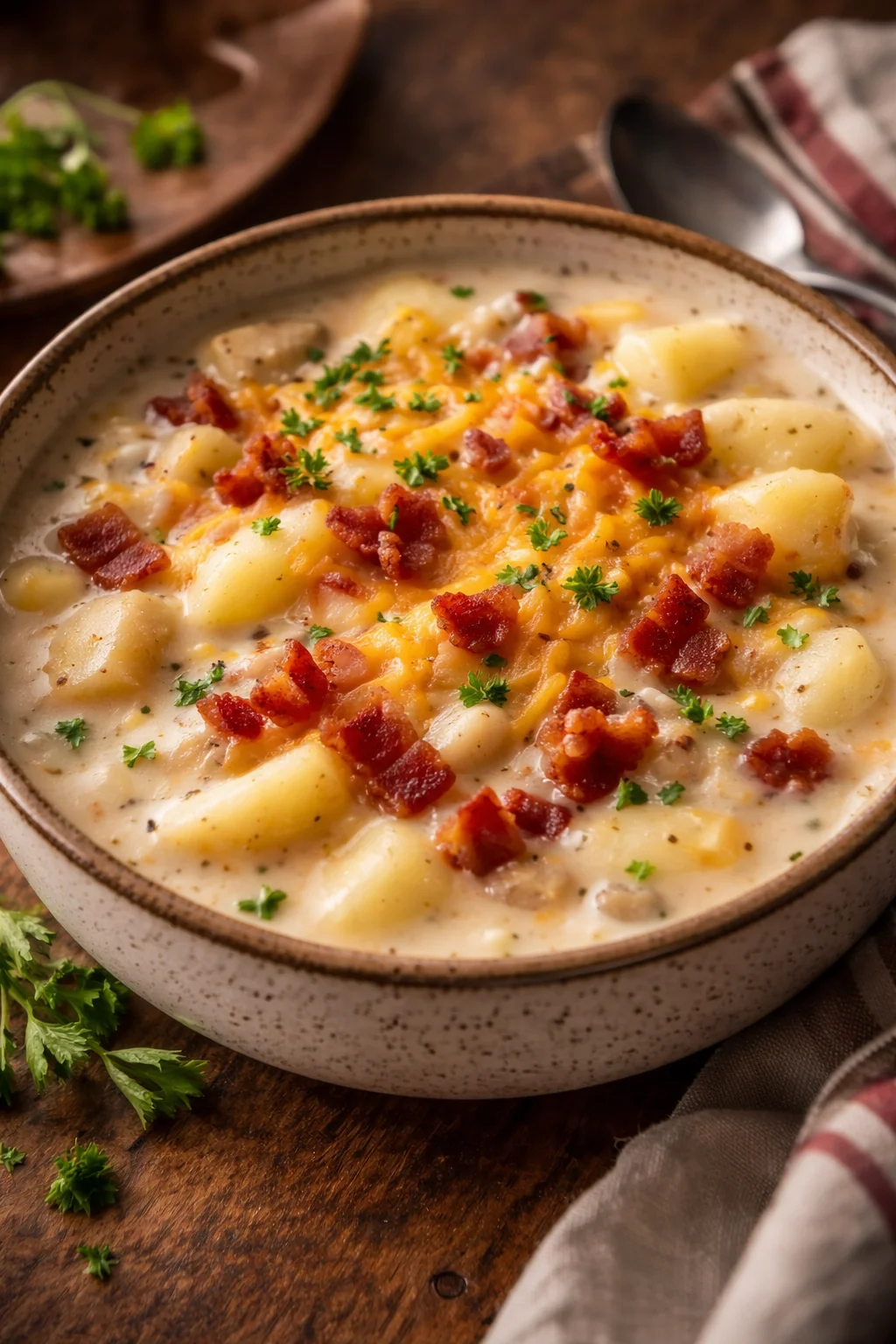 Bowl of Crock Pot Crack Potato Soup topped with crispy bacon and chives