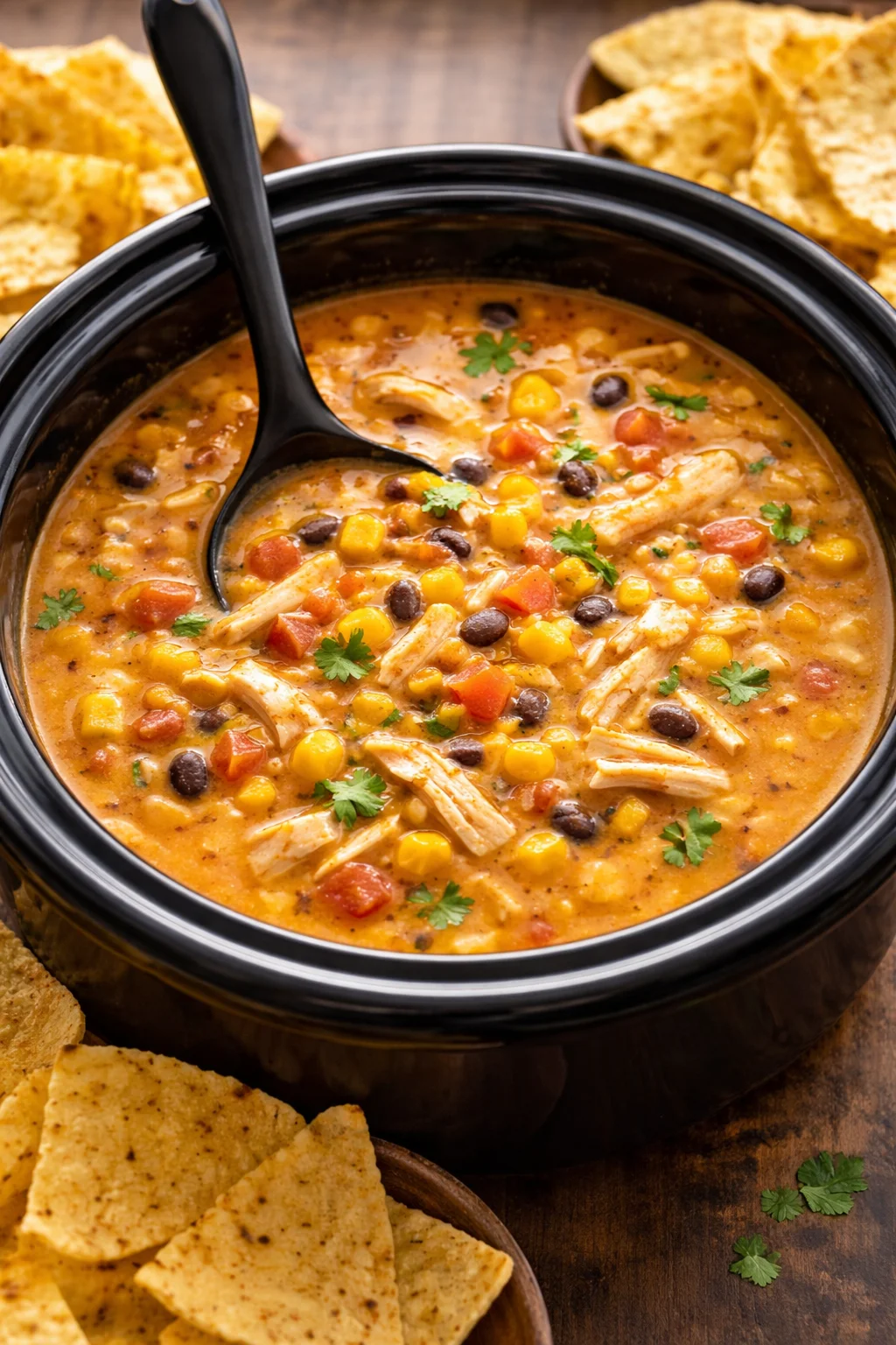 Delicious Crockpot Chicken Tortilla Soup in a bowl with tortilla chips on top