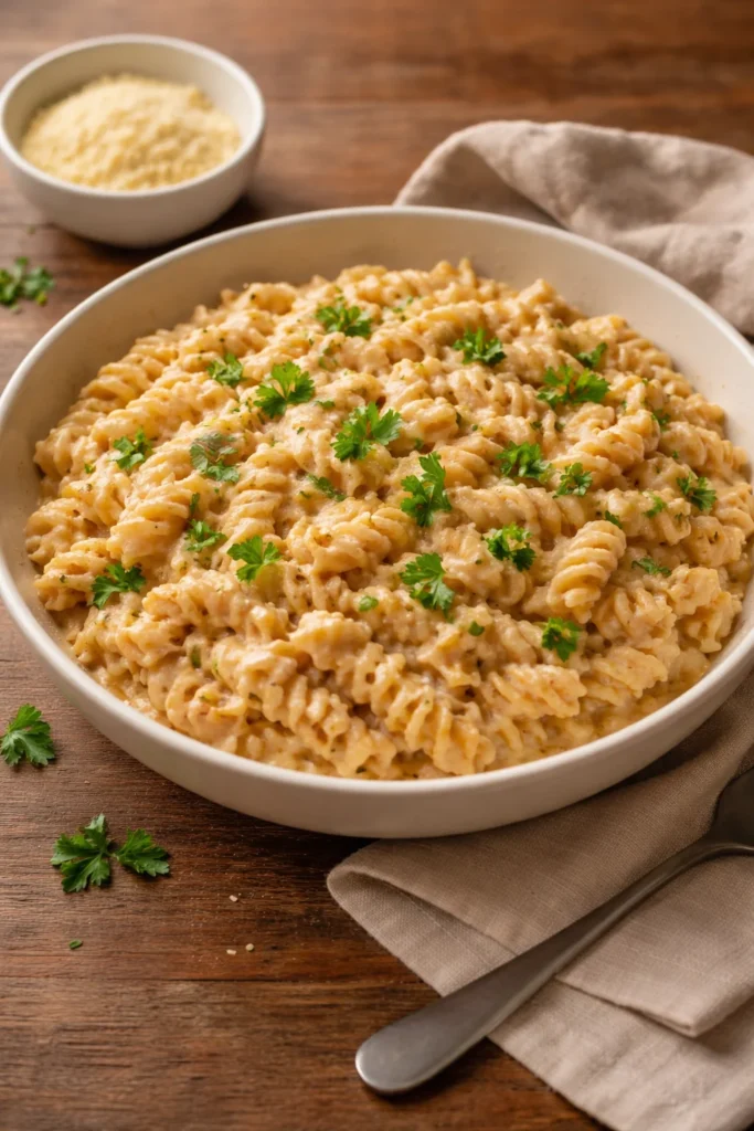 Crockpot Garlic Parmesan Chicken Pasta garnished with herbs and cheese