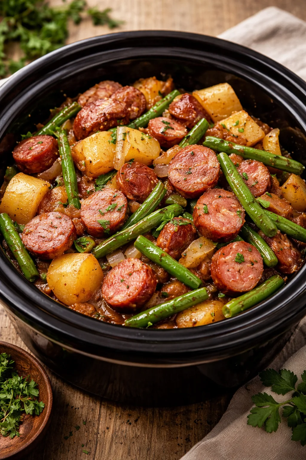 Crockpot Kielbasa and Green Beans dish served in a bowl