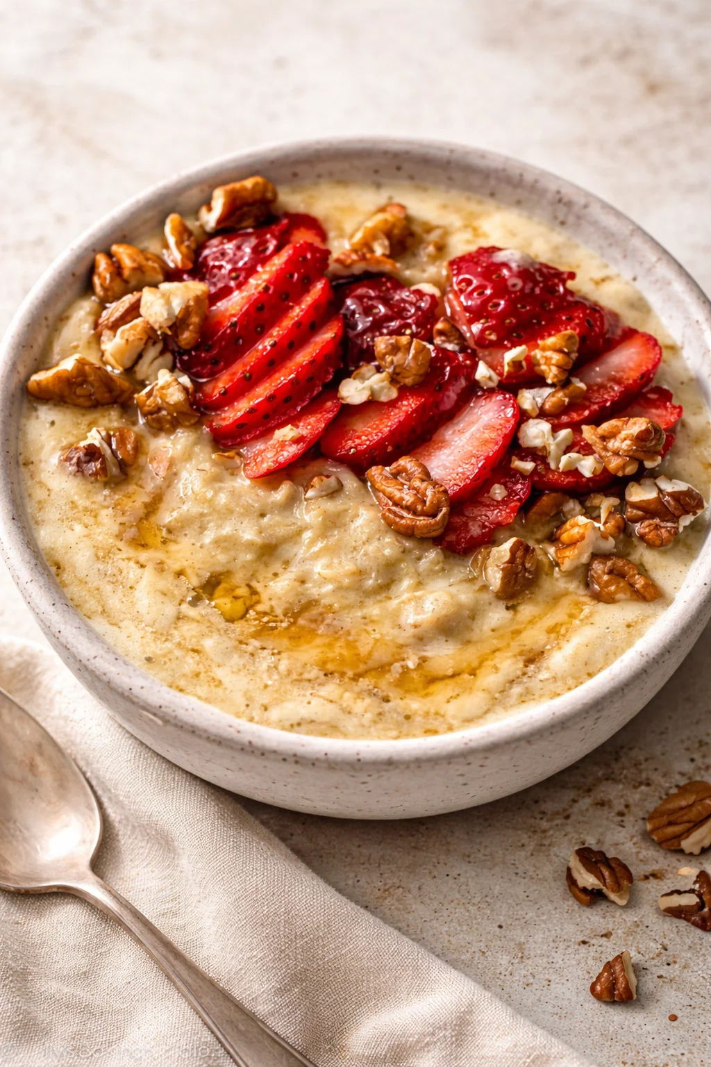A bowl of creamy custard oatmeal topped with fresh fruit and nuts.