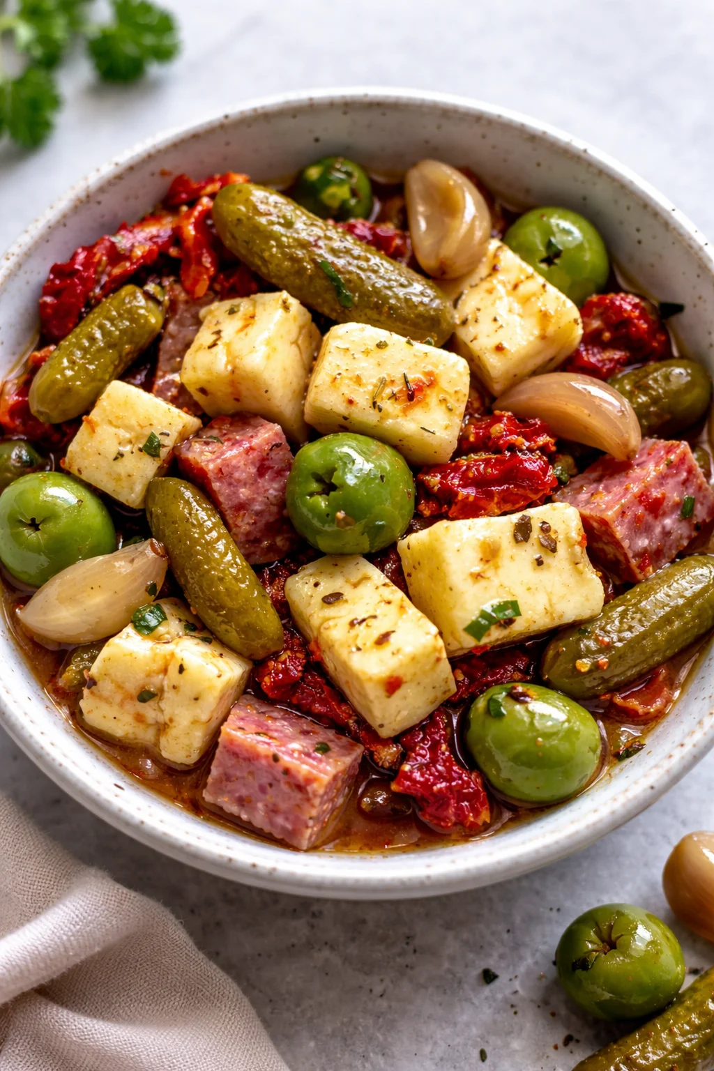 Marinated cheese appetizer with salami and pickles on a platter.