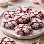 Delicious red velvet crinkle cookies on a plate, dusted with powdered sugar.