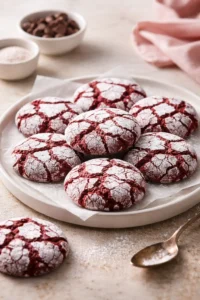 Delicious red velvet crinkle cookies on a plate, dusted with powdered sugar.
