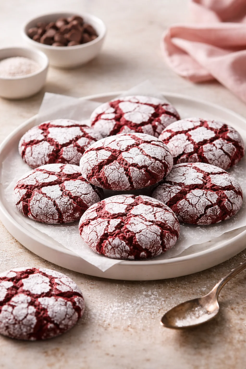 Delicious red velvet crinkle cookies on a plate, dusted with powdered sugar.