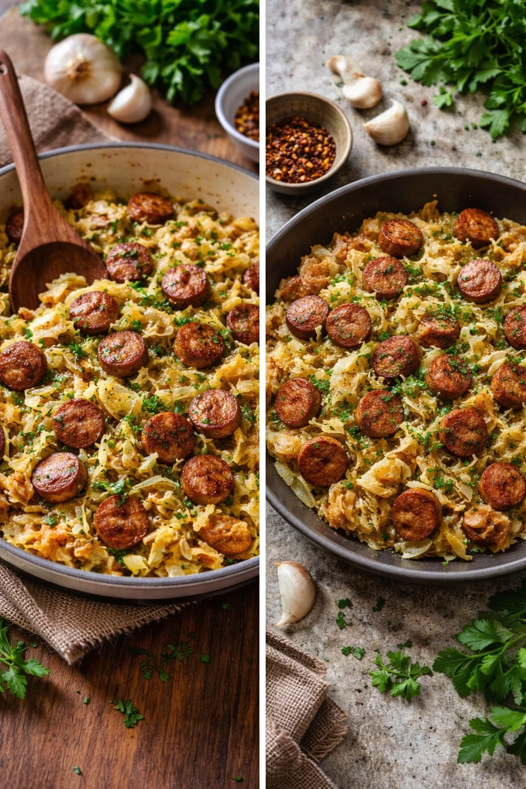 Delicious sausage and cabbage stir fry in a skillet