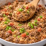 Plate of Easy Spanish Rice A Roni with Ground Beef garnished with herbs