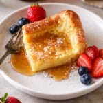 Fluffy German pancakes served with powdered sugar and berries