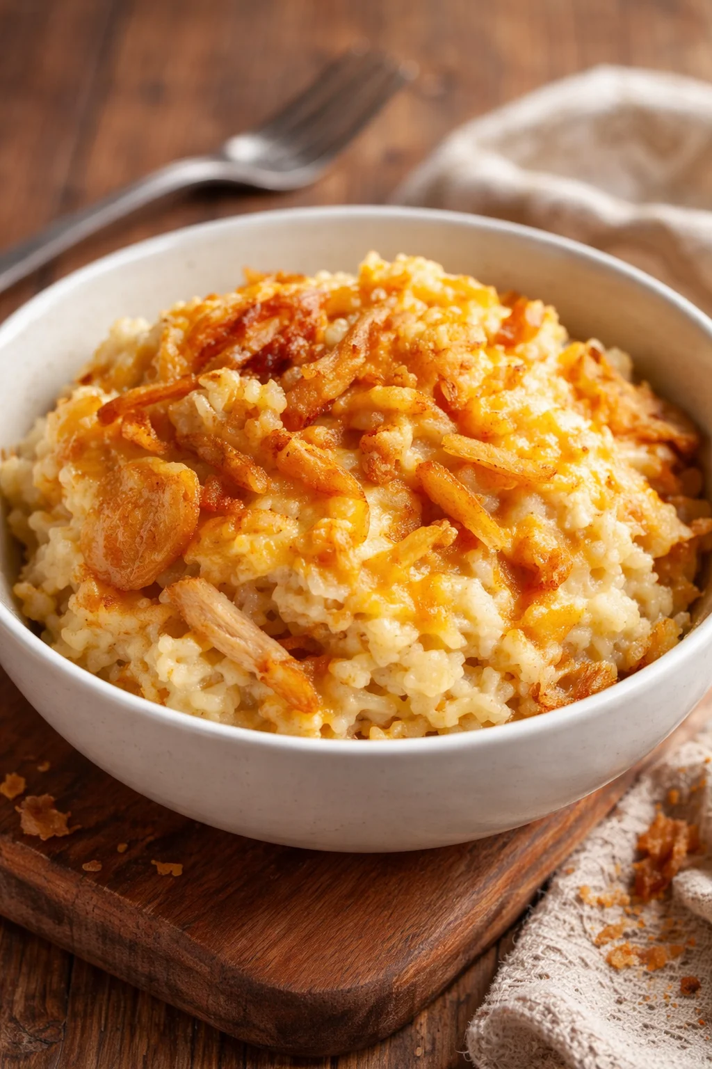 Delicious French onion chicken and rice bake, topped with melted cheese.
