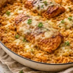 French Onion Chicken served over rice with melted cheese and caramelized onions