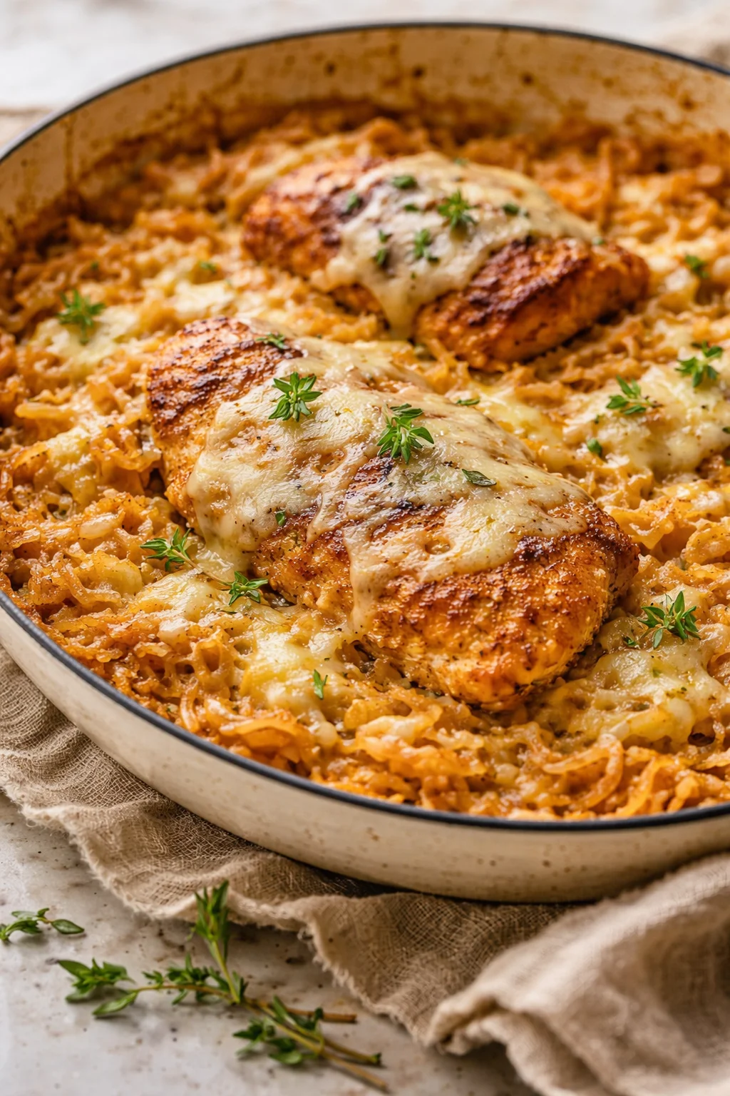 French Onion Chicken served over rice with melted cheese and caramelized onions