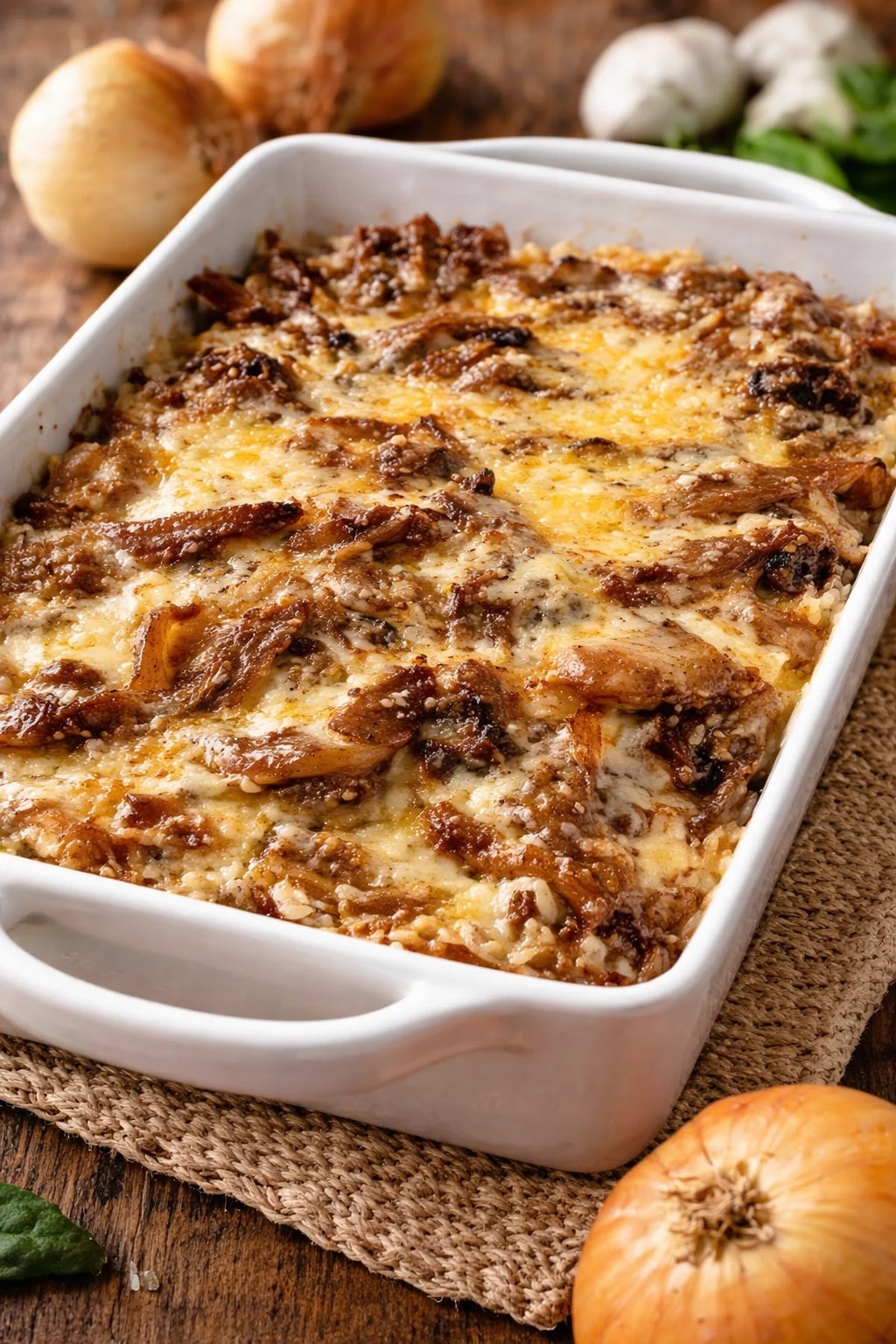 Delicious French onion chicken served over rice in a savory sauce