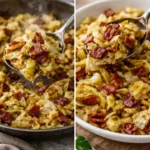 Fried cabbage with crispy bacon served in a skillet.