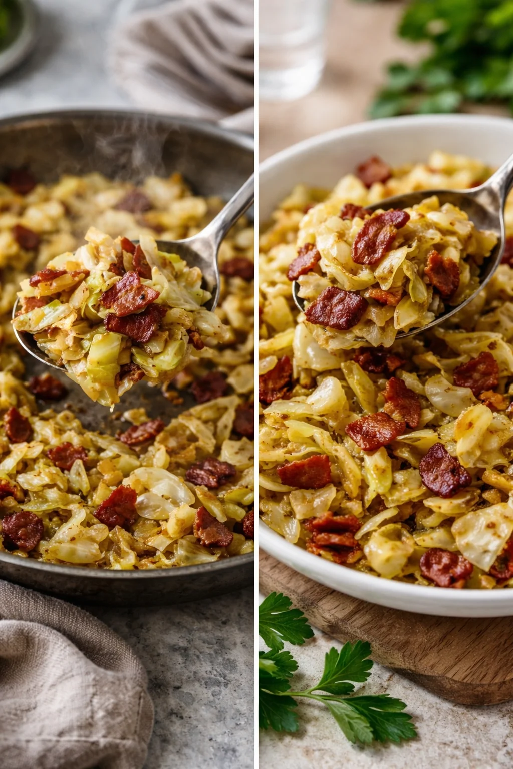 Fried cabbage with crispy bacon served in a skillet.