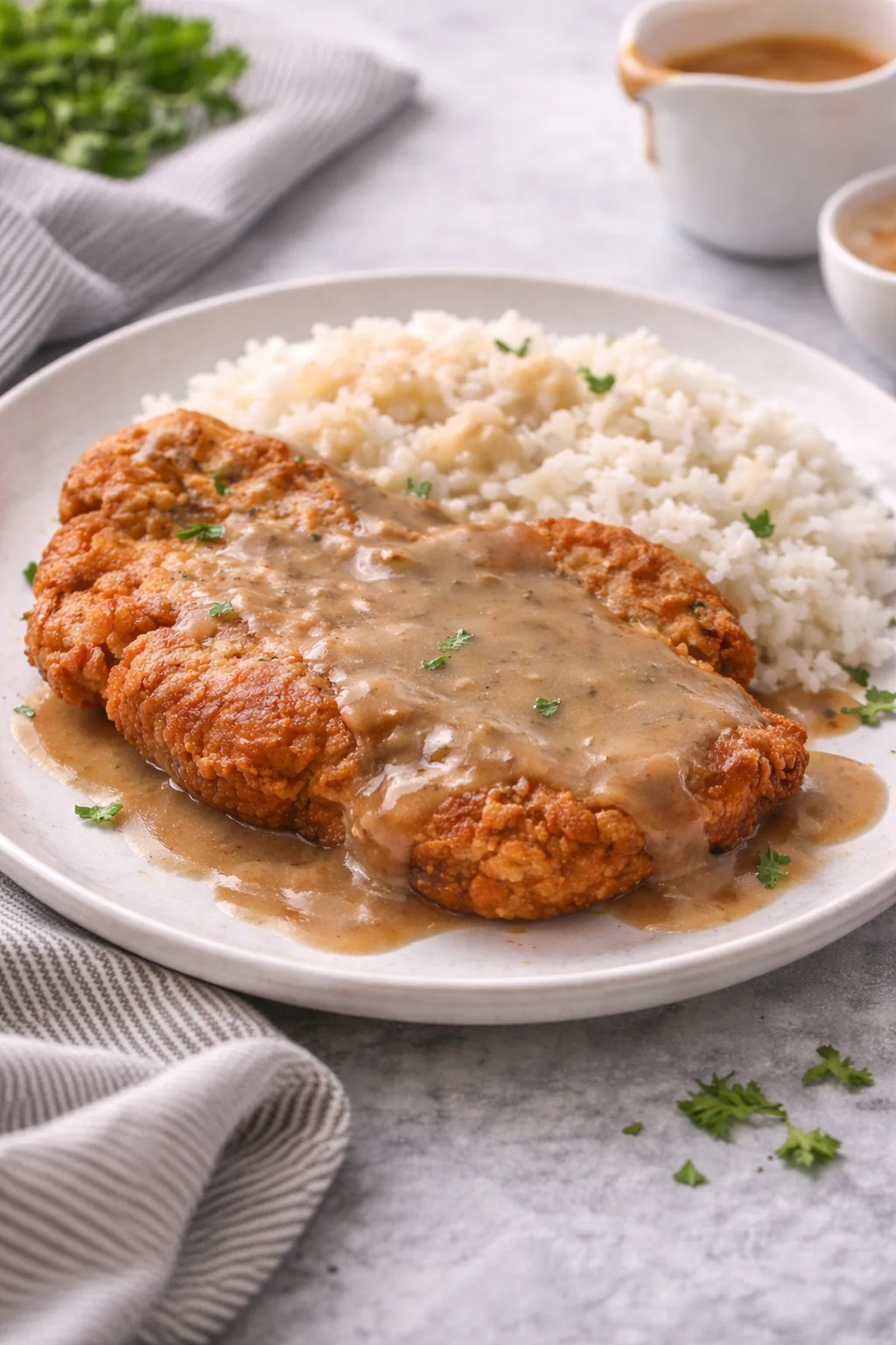 Deliciously fried pork chops served with a side of vegetables