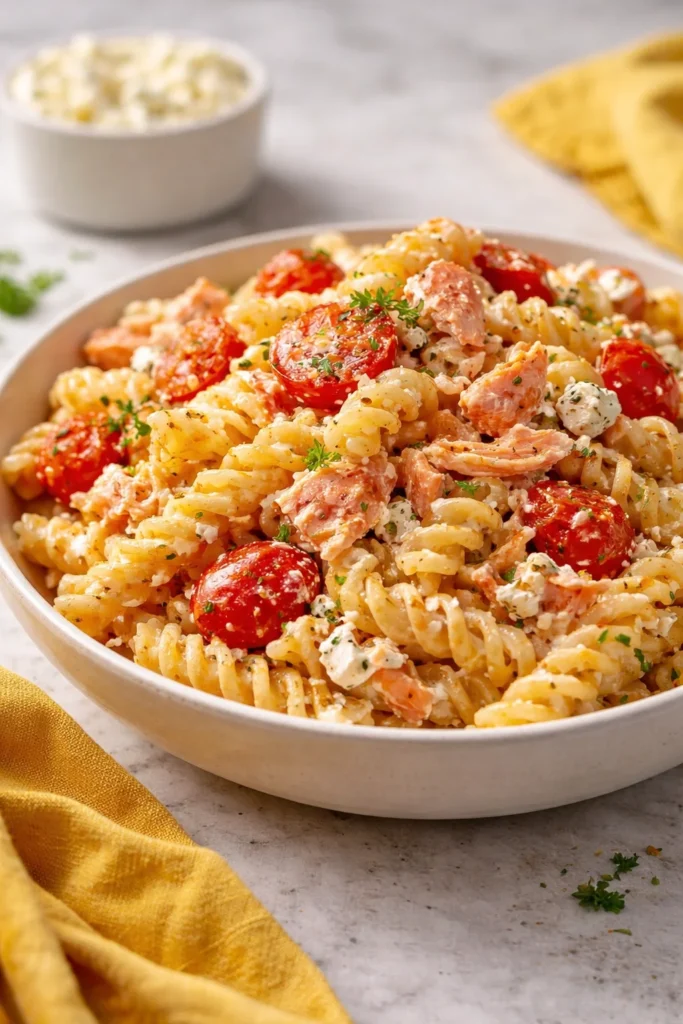 Creamy garlic baked feta salmon pasta in a bowl