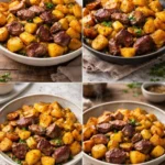 Garlic Butter Steak Bites served with seasoned potatoes