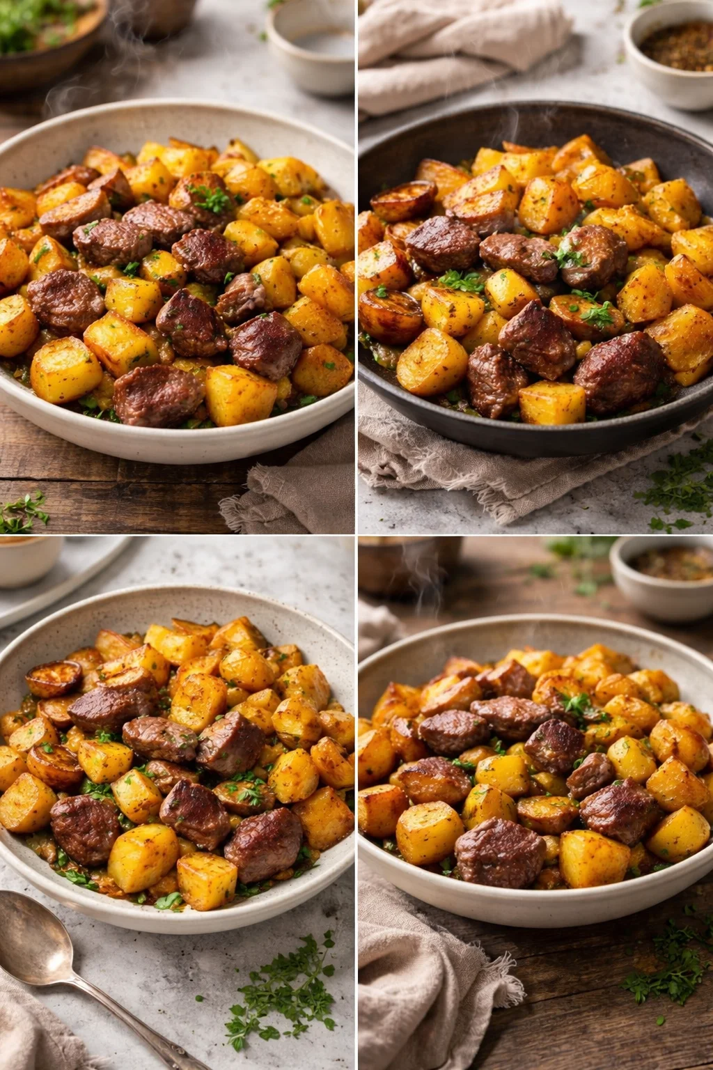 Garlic Butter Steak Bites served with seasoned potatoes