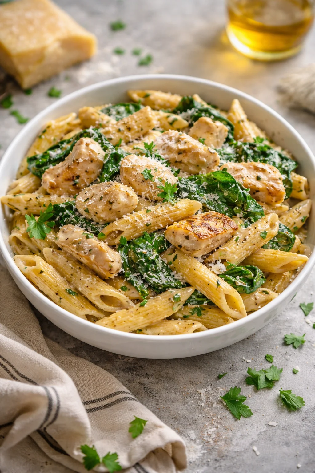 Delicious Garlic Parmesan Chicken Pasta garnished with parsley on a plate.