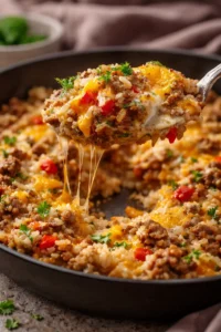 Ground beef and rice skillet recipe with colorful vegetables and seasonings