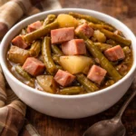 Bowl of hearty ham and potato stew garnished with herbs