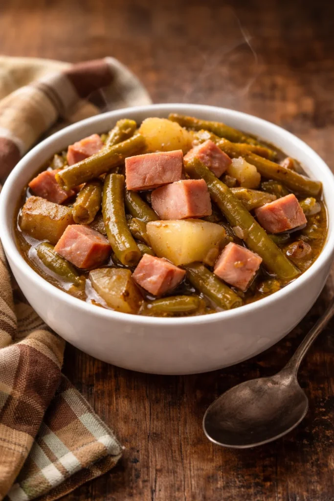 Bowl of hearty ham and potato stew garnished with herbs