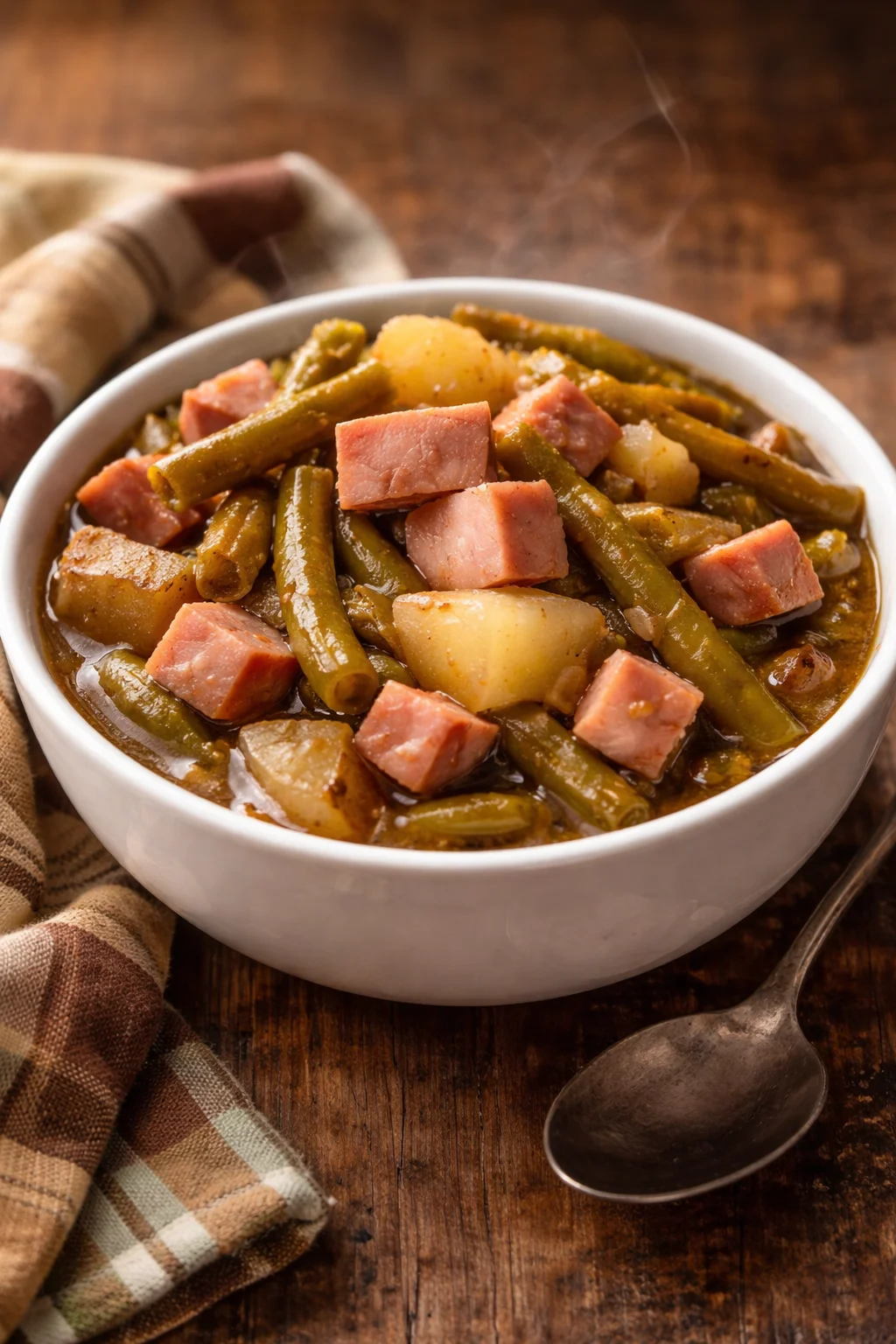 Bowl of hearty ham and potato stew garnished with herbs