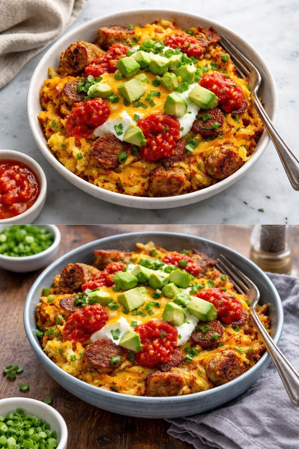 Delicious hash brown breakfast bowl with eggs and vegetables